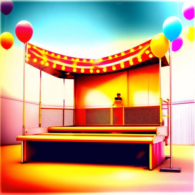 A brightly lit stage set up like a traditional carnival booth, ready to entertain with its festive atmosphere.