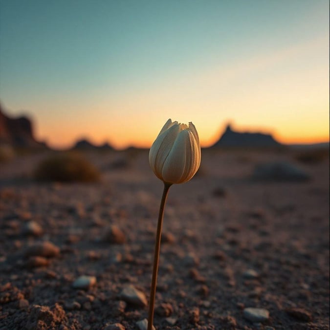 A vibrant desert flower blooms as the sun rises over a barren landscape, creating a stunning contrast.