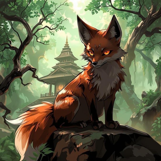 This anime-style illustration features a fox spirit perched on a stone platform, surrounded by a mysterious forest. The fox's vibrant orange eyes are fixed on a distant temple, while its trunk and branches extend towards the viewer. The scene is awash in green and brown hues, capturing a moment of tranquility.