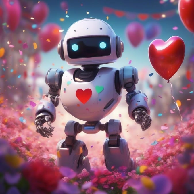 This adorable robot is surrounded by love and joy, with a heart on its chest and a heart-shaped balloon floating next to it. The field of flowers and blue sky add to the romantic atmosphere, making this image perfect for anyone who loves robots and all things cute and cuddly.