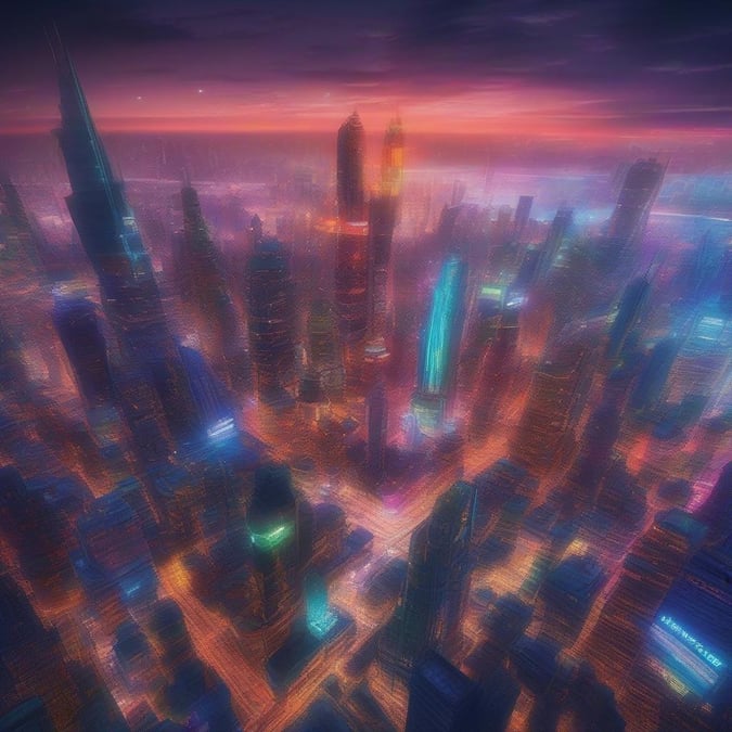 Explore the futuristic city at dusk with this stunning gaming wallpaper. The bustling streets are aglow with neon lights, and towering skyscrapers reach towards the stars. This digital artwork captures the essence of urban fantasy and technological advancements.