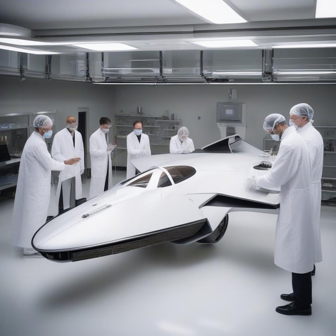 A team of scientists in a clean room examine a futuristic aircraft, showcasing cutting-edge design and materials.