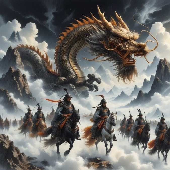 Dieses atemberaubende Wallpaper zeigt eine Gruppe von Samurai-Kriegern, die auf Drachen durch eine neblige Gebirgslandschaft reiten, vor einem dunklen und geheimnisvollen Himmel mit Wolken.