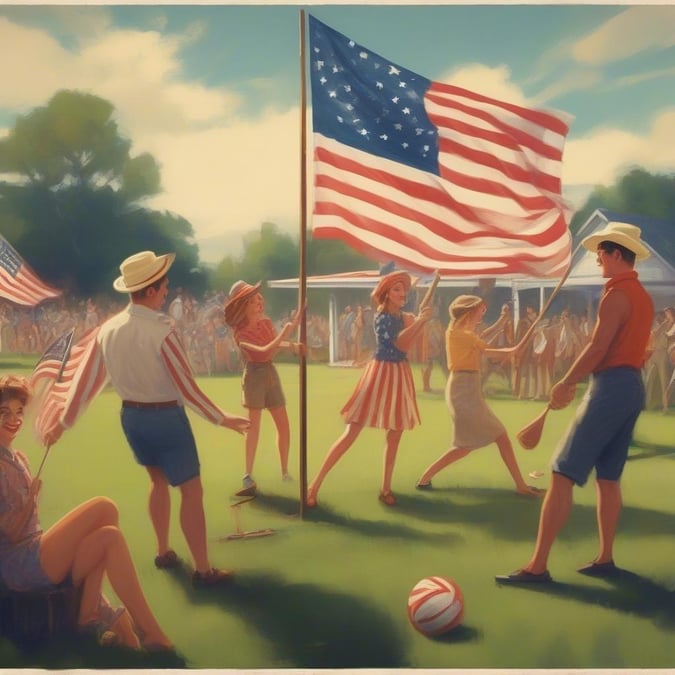 A group of friends gather to celebrate Independence Day. They are flying the American flag, wearing patriotic clothing, and enjoying a ball game together.