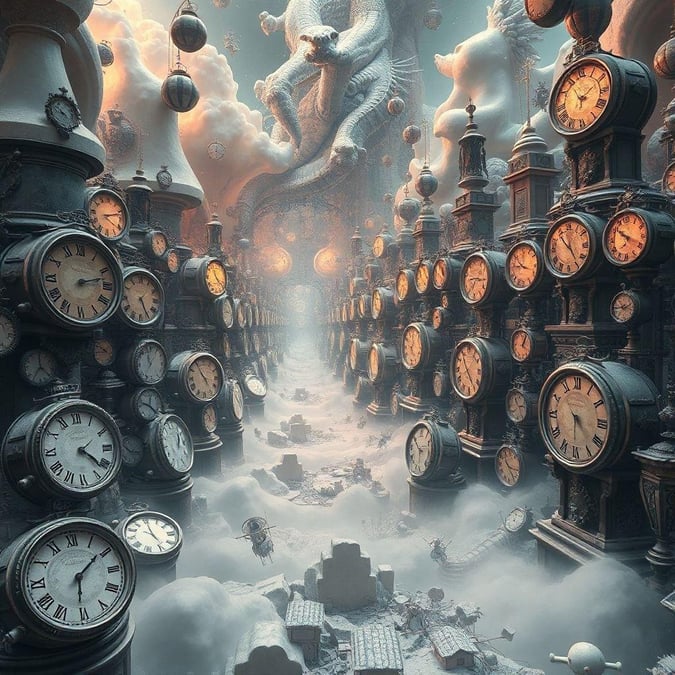 Enter the fantastical world of an otherworldly clock tower, where time seems to bend and dreams come alive. Amidst a snowy landscape that hints at a chilly yet serene atmosphere, this captivating image whispers stories of adventures through its whimsical design.