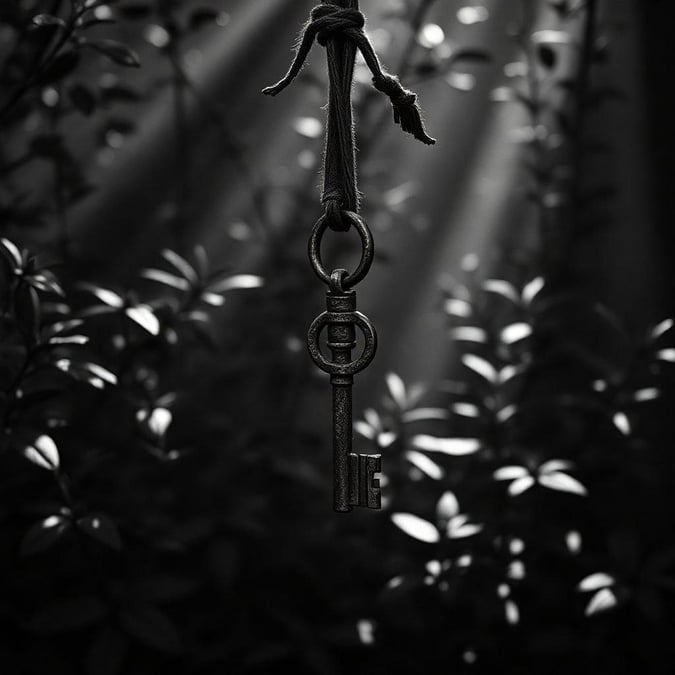 Intriguing black and white wallpaper featuring an ancient-looking key hanging by a chain. The scene is shrouded in a mysterious haze with hints of foliage around the edges.