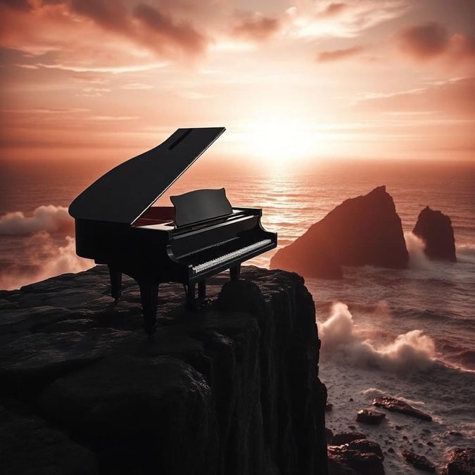 Enjoy the serene view of a piano set against a dramatic ocean sunset. This artistic image is perfect for desktop and mobile wallpaper.