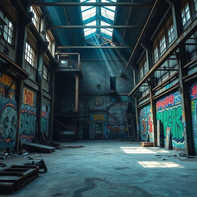 An abandoned industrial factory with graffiti art on its walls, a testament to urban decay and creativity.