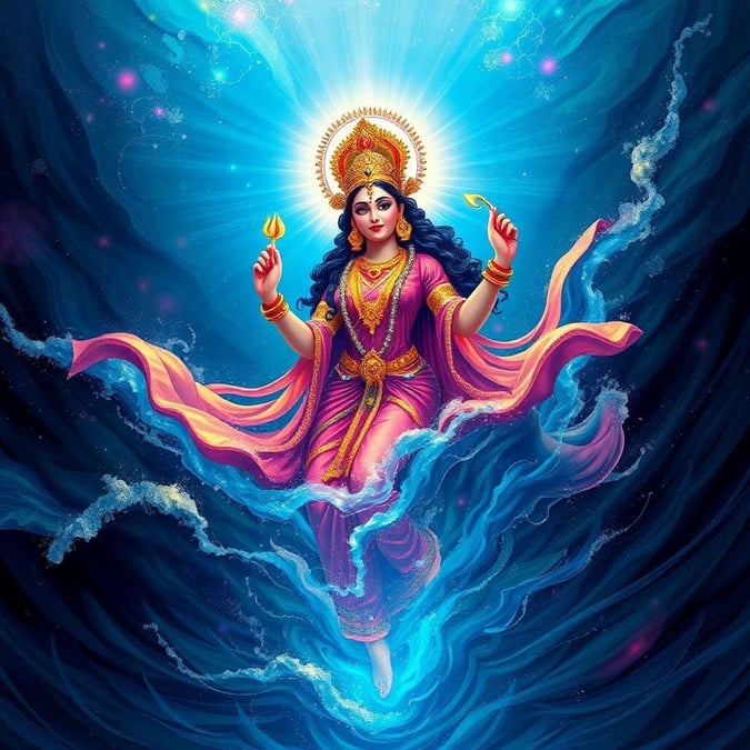 Enjoy the spirit of Diwali with this beautiful depiction of Goddess Laxmi. Illuminated by celestial light, she blesses us with prosperity and good fortune.