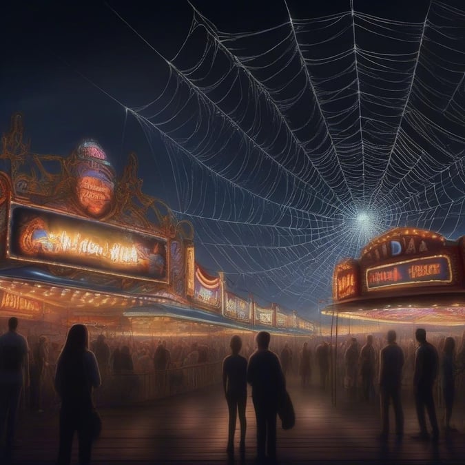 A vibrant scene from an amusement park, bathed in the glow of neon lights from rides and games. The carousel and Ferris wheel spin their wheels in the darkness, while people mill about under the shimmering canopy of spider webs.