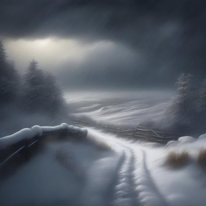 Exploring a snowy trail in the heart of winter, this digital artwork captures the tranquility of nature amidst the season's chill. The path disappears into the distance under an overcast sky, with evergreen trees lining both sides, their branches heavy with snow. This serene wallpaper would be a perfect companion for those who find solace in quiet winter moments.