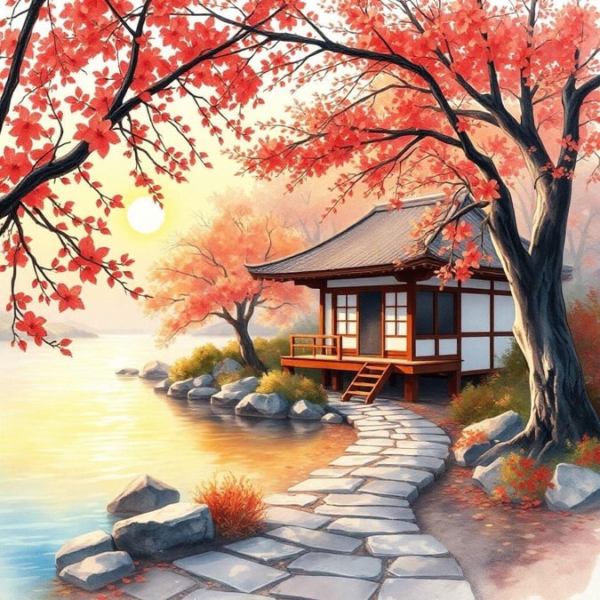 Betreten Sie eine Welt der Gelassenheit mit diesem atemberaubenden, anime-inspirierten Hintergrundbild, das ein traditionelles japanisches Teehaus zeigt, das zwischen herbstlichem Laub eingebettet ist und ein Gefühl von Frieden und Ruhe hervorruft.