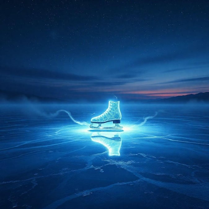 Electrifying night scene featuring a single, glowing skate boot floating on the still surface of a frozen lake. The vibrant light reflects off the surrounding ice, casting an otherworldly ambiance that blends elements of sport with a serene natural setting.