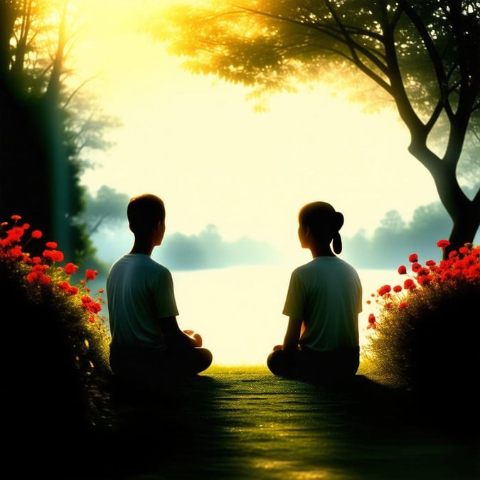 Two monks in meditation at sunrise with a tranquil forest scene behind them, ready for the day's teachings.