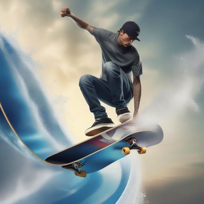 Catch the adrenaline rush as this skilled skateboarder showcases his talent on a surreal, curved wave. Perfect for any sports enthusiast's desktop wallpaper.