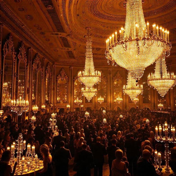 A grand ballroom filled with guests, sparkling chandeliers overhead illuminating the opulent scene. A luxurious event in an elegant setting.