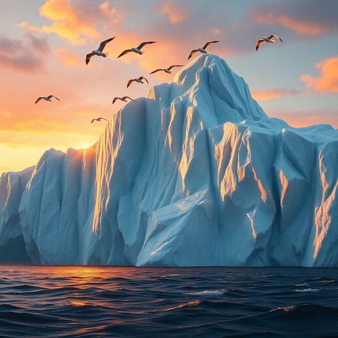 A breathtaking view of an iceberg under a stunning sunset, with seagulls soaring in the sky.