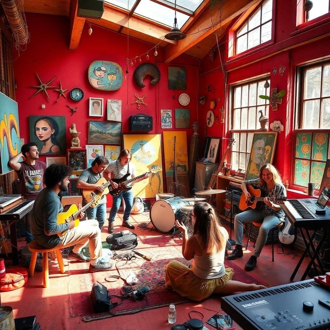 This image is a wallpaper for desktop and mobile use, showcasing a cozy music room with a band performing. The room is filled with musical instruments, artwork, and a warm atmosphere, perfect for music lovers.