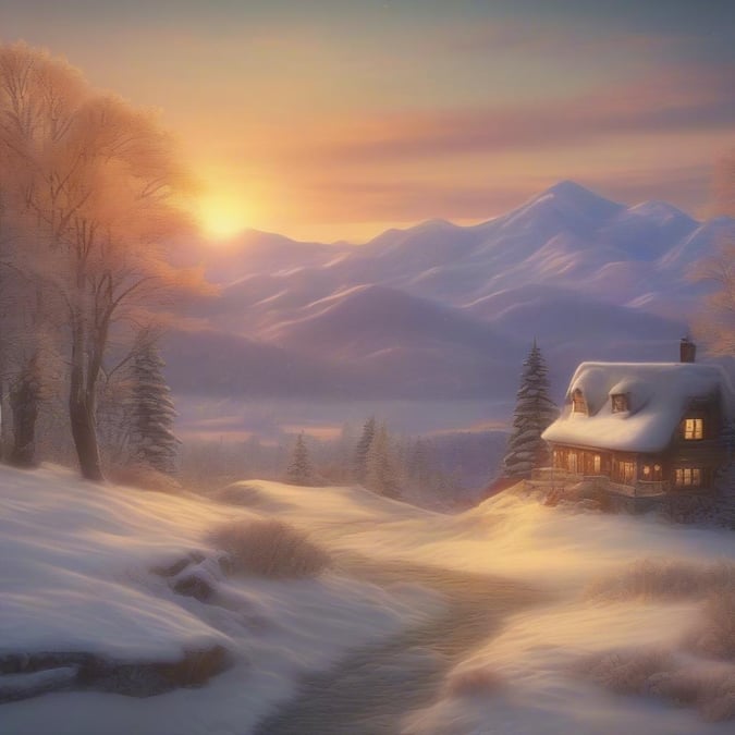 A serene winter scene with a cozy cabin, snow-covered landscape, and the sun setting behind majestic mountains.