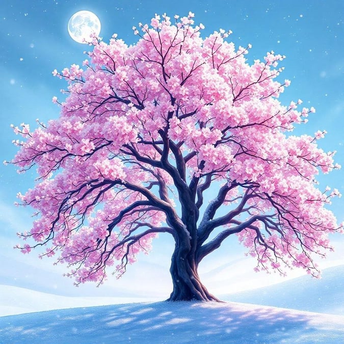 An animated depiction of a cherry blossom tree blooming in the midst of winter, its delicate pink flowers contrasting against the snowy backdrop. The warmth of the tree's blossoms stands out against the cool hues of the scene, creating an image of serene beauty and seasonal contrast.