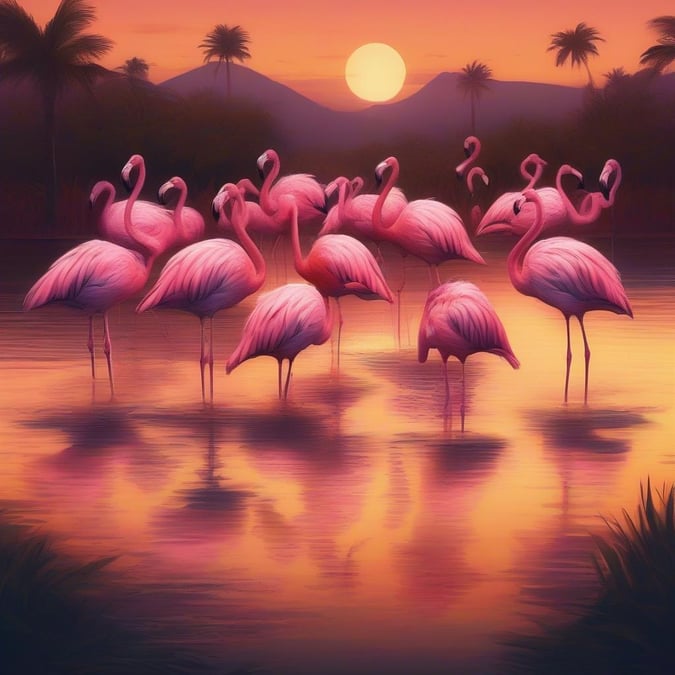 A breathtaking scene of flamingos standing in shallow water, set against the backdrop of a stunning sunset.