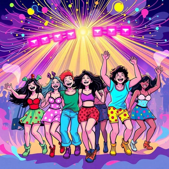 A group of young people dancing together in colorful party outfits, joyfully celebrating at a festive event.