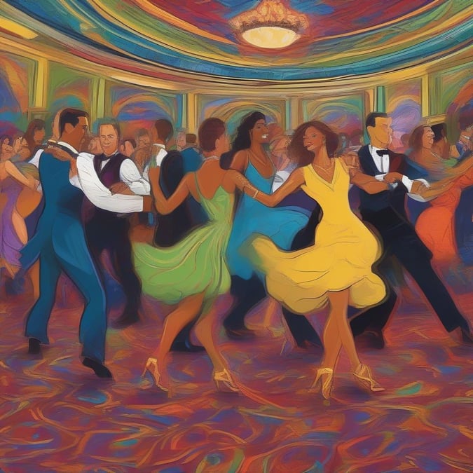 Celebrate the golden age of dance with this vibrant image of a lively ballroom filled with joy and movement. Swing, salsa, or just enjoy the sight as dancers spin and twirl under the disco ball lights.