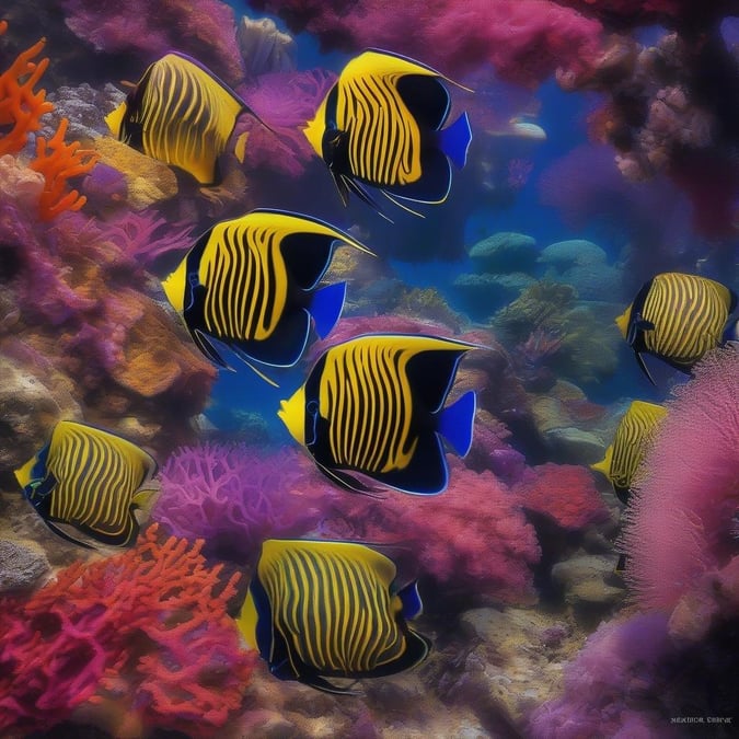 A vibrant and colorful scene of marine life, featuring zebra fish in a lively coral reef setting.