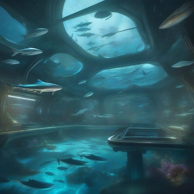 In this underwater world, technology meets marine life in a futuristic setting. A wall of windows offers a glimpse into the depths of the ocean where sleek submarines glide past while vibrant fish and other sea creatures populate the area.