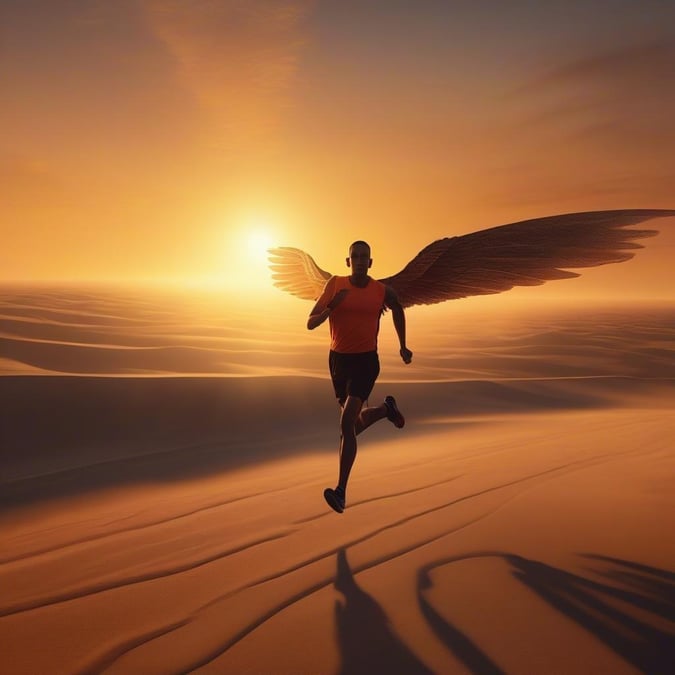 This stunning wallpaper captures a runner in motion, set against the breathtaking backdrop of a desert sunset. The golden hues of the sky and the vast expanse of sand create a sense of freedom and adventure, making this image perfect for anyone looking to add a touch of excitement to their desktop or mobile device.