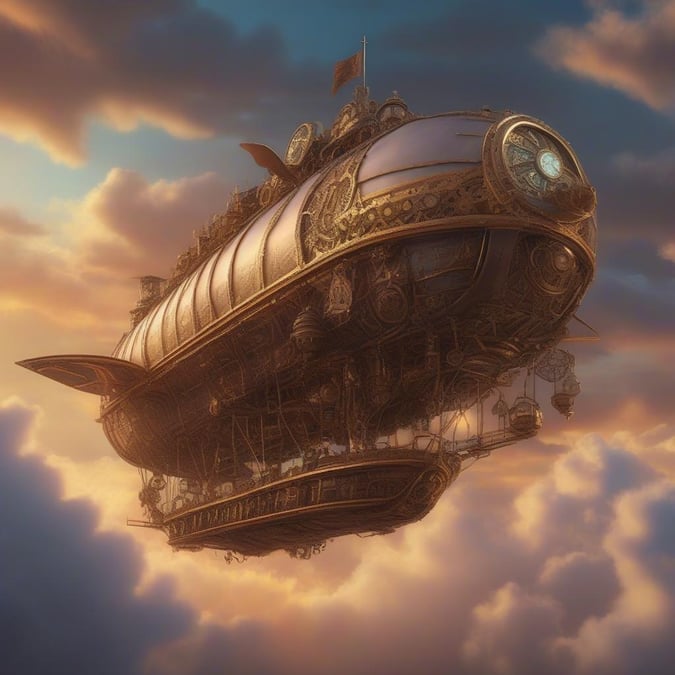 A majestic airship floating through the clouds, with intricate designs that hint at a fantastical journey. The whimsical design and steam-punk aesthetic make this image perfect for a desktop or mobile wallpaper.