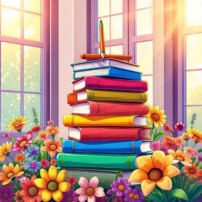 Get ready to ace the school year with this vibrant wallpaper featuring a stack of books and colorful flowers. Perfect for students and teachers alike, this design is sure to inspire and motivate you to reach your full potential.