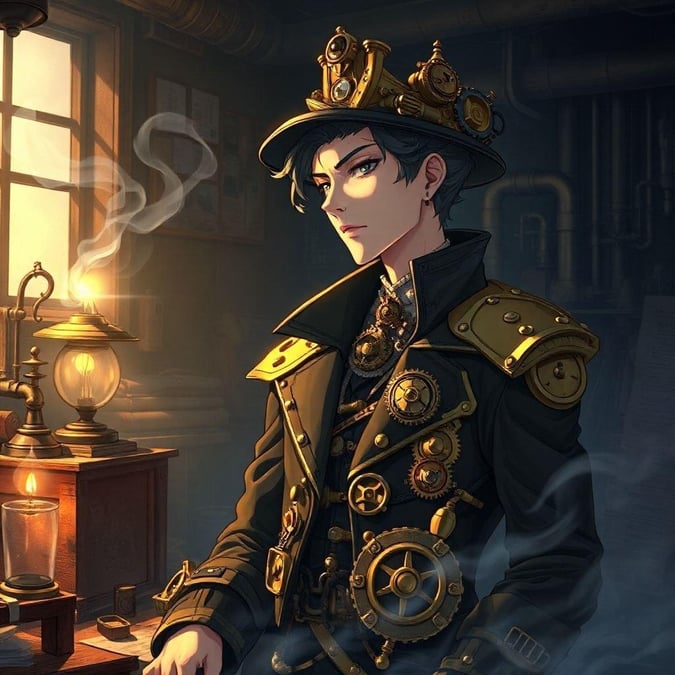 Utforska världen av steampunk i denna anime-inspirerade illustration. Vår uppfinnare, klädd i en slående svart och guld-outfit med intrikata kugghjul och prylar, sitter eftertänksamt i sin verkstad. Den svagt belysta miljön är fylld med industriell charm, med ett träbord till vänster och en liten lampa som kastar ett atmosfäriskt sken.