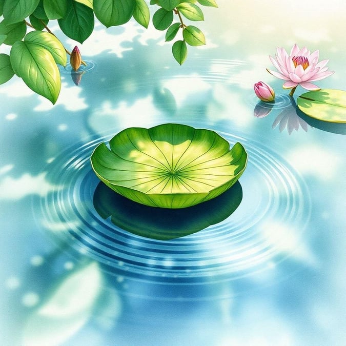 This tranquil wallpaper captures the essence of nature with a vibrant lotus flower blooming in clear, calm waters. The lotus is encircled by leaves and accompanied by delicate ripples that gently disturb the water's surface. This scene can inspire contemplation and offer a serene backdrop for your digital world.