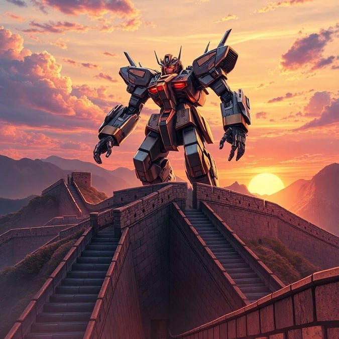 This stunning anime wallpaper features a mecha robot soaring over the Great Wall of China at sunset, with intricate details and glowing red eyes. The warm light of the setting sun casts an ethereal glow on the robot's sleek design and the ancient wall, creating a breathtaking scene that combines technology and history.