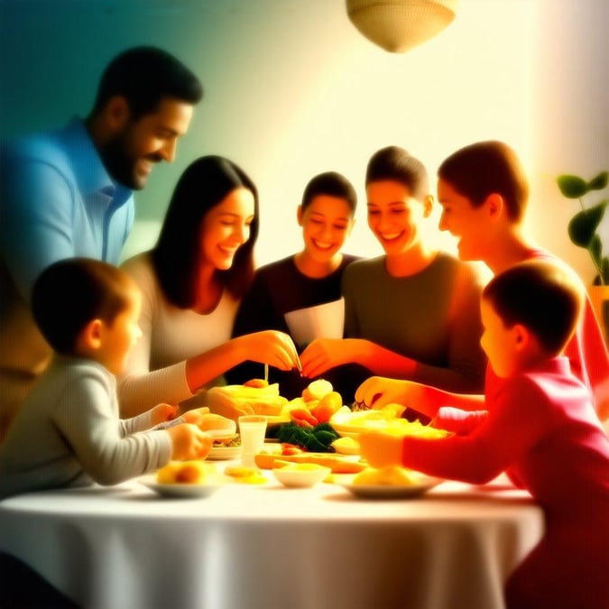 A loving family gathered around a table, sharing smiles during a festive meal. Moms are always the heart of the home.