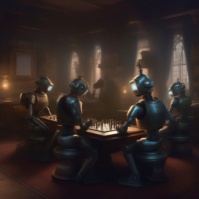 An intimate gathering of robots in an old-world setting, sharing the future over a game of chess.