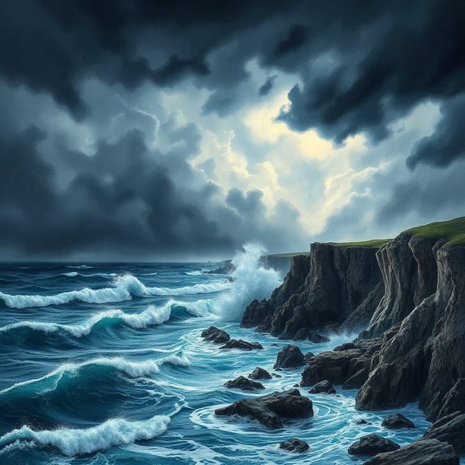 This stunning landscape wallpaper captures the raw power of nature as waves crash against the rocky coastline under a dramatic, stormy sky.