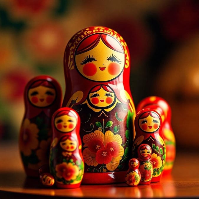 Vibrant Russian nesting dolls, each adorned with floral patterns, featuring the traditional Russian design. The perfect wallpaper for a desktop that celebrates culture and tradition.