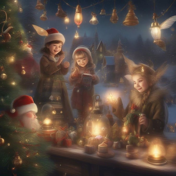 This festive wallpaper captures the joy and magic of Christmas, featuring a group of children gathered around a beautifully decorated tree, surrounded by the warmth and glow of candles and fairy lights. The image is a heartwarming representation of the holiday season, perfect for desktop and mobile use.