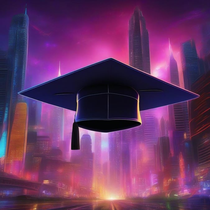 Congratulations to the graduate in this stunning cityscape wallpaper, featuring a majestic graduation cap soaring above the urban skyline. The vibrant colors and dynamic composition make this image perfect for desktop and mobile use, capturing the excitement and achievement of this special moment. Whether you're a recent grad or just looking to add some inspiration to your space, this wallpaper is sure to impress.