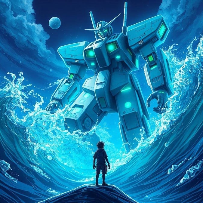 Denna bakgrundsbild visar en fantastisk anime-stil mecha som stiger upp från havet, med en livlig blå och grön färgpalett som kontrasterar med det djupa blå havet. Mechas stora huvud, lilla figur och mystiska undervattens-element skapar en känsla av rörelse och mysterium, vilket gör det till en fängslande och kraftfull bild.