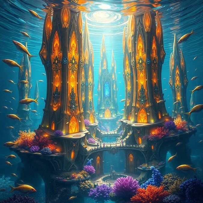 Immerse yourself in the mystical world of fantasy creatures, where ancient structures and vibrant coral formations come alive beneath the waves.