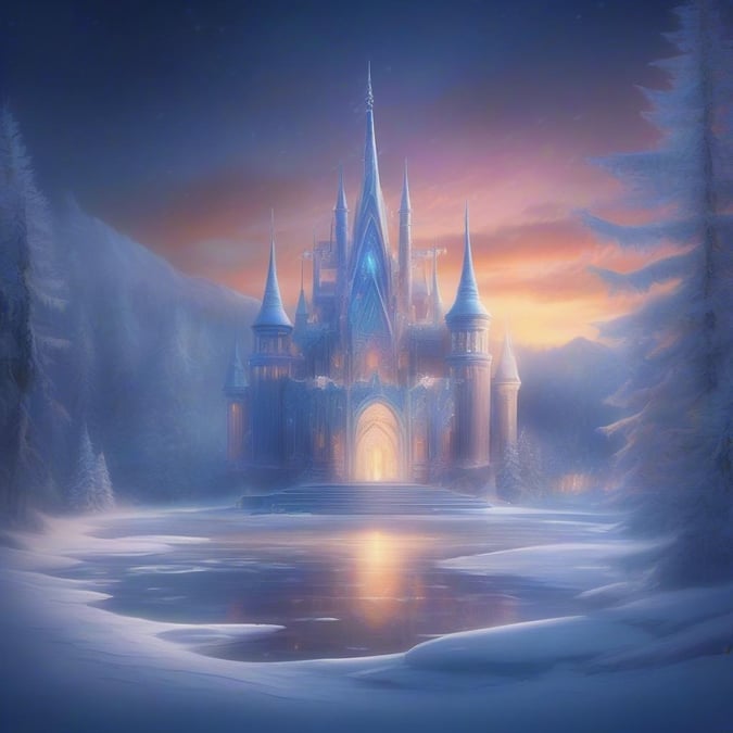 Enchanted winter scene of iconic fairytale castle during holiday season, magical atmosphere with snow-covered trees and twinkling stars.