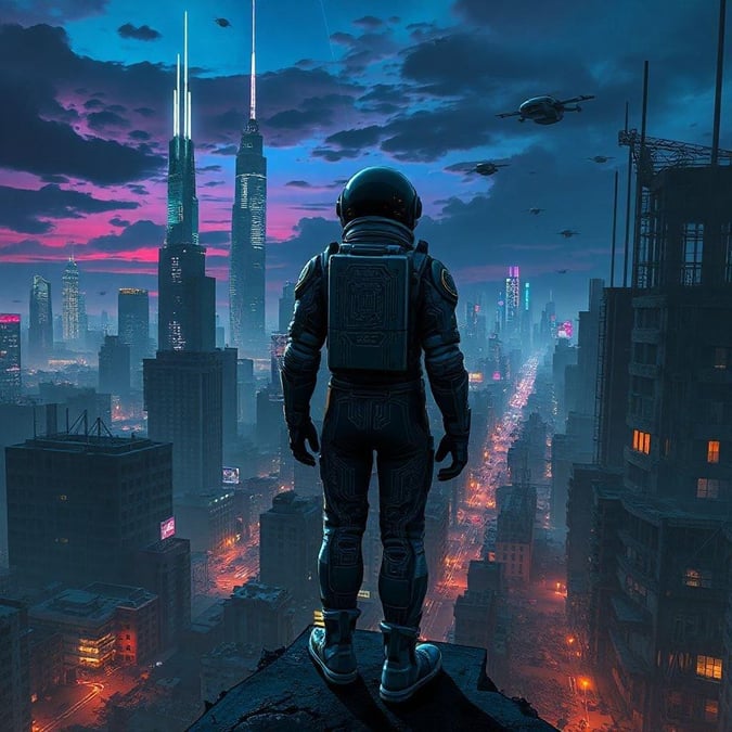 This image portrays an urban landscape from a futuristic sci-fi movie. The city is bustling with activity under a neon sky, featuring towering skyscrapers that reach towards the heavens. The scene captures the essence of what could be in the future or another reality entirely.