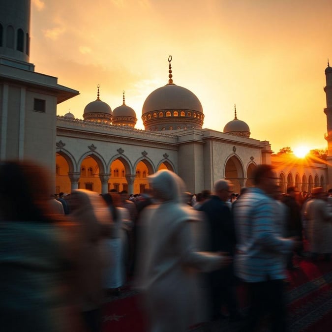 A serene and peaceful Ramadan wallpaper featuring a stunning mosque at sunset.