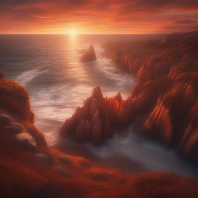 A tranquil coastal scene with the sun dipping below the horizon, casting a warm glow over the rocky cliffs and the calm ocean waters.