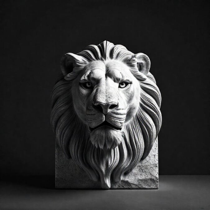 This black and white wallpaper features a powerful lion statue, symbolizing strength and courage. Perfect for adding a touch of elegance to your desktop or mobile device.