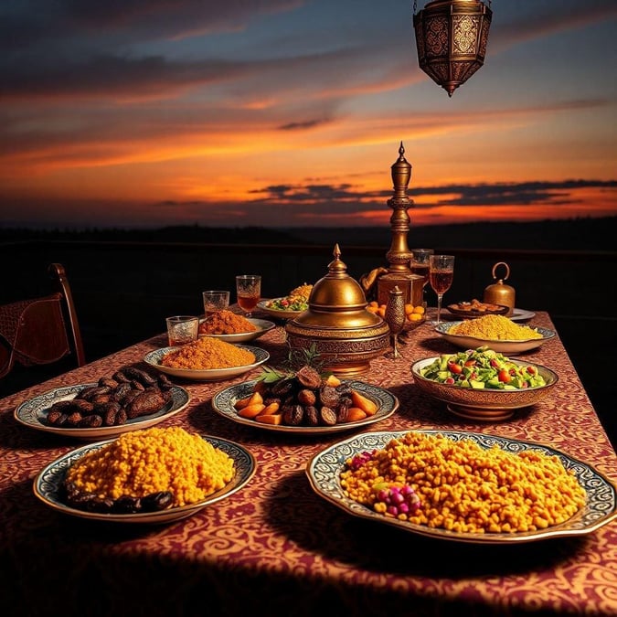 Feast with friends and family during the joyous occasions of Ramadan and Eid, surrounded by the warm ambiance of a Middle Eastern sunset.