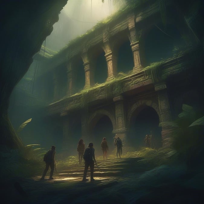 This fantasy characters wallpaper features a group of adventurers exploring an ancient, ruined temple. The temple is covered in moss and vines, and the adventurers are armed with swords and shields. The background is a dark, misty forest, with the sun setting in the distance. The overall atmosphere is one of adventure and mystery.